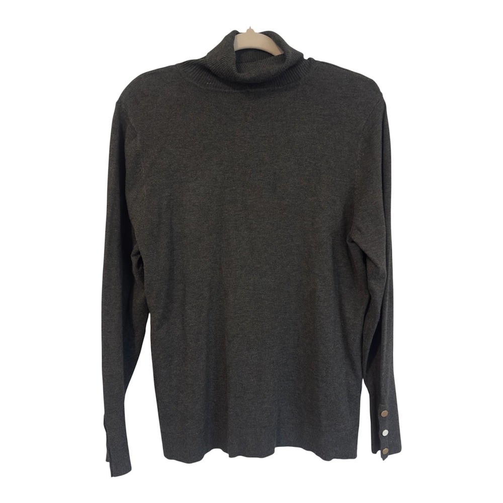 Chicos Size 2 Gray Turtleneck Sweater‎ Gold Button Cuff Long Sleeve L Academia